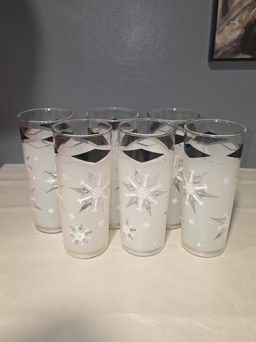 Vintage MCM Frosted Atomic Snowflake Black Diamond Tumblers Set of 6 Tom Collins
